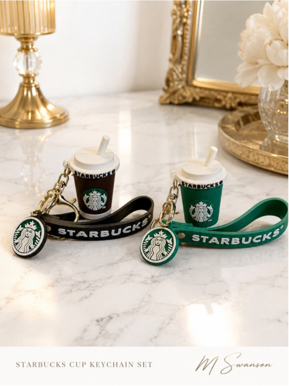 Starbucks Coffee Cup Keychain Strap Set Green White Brown White